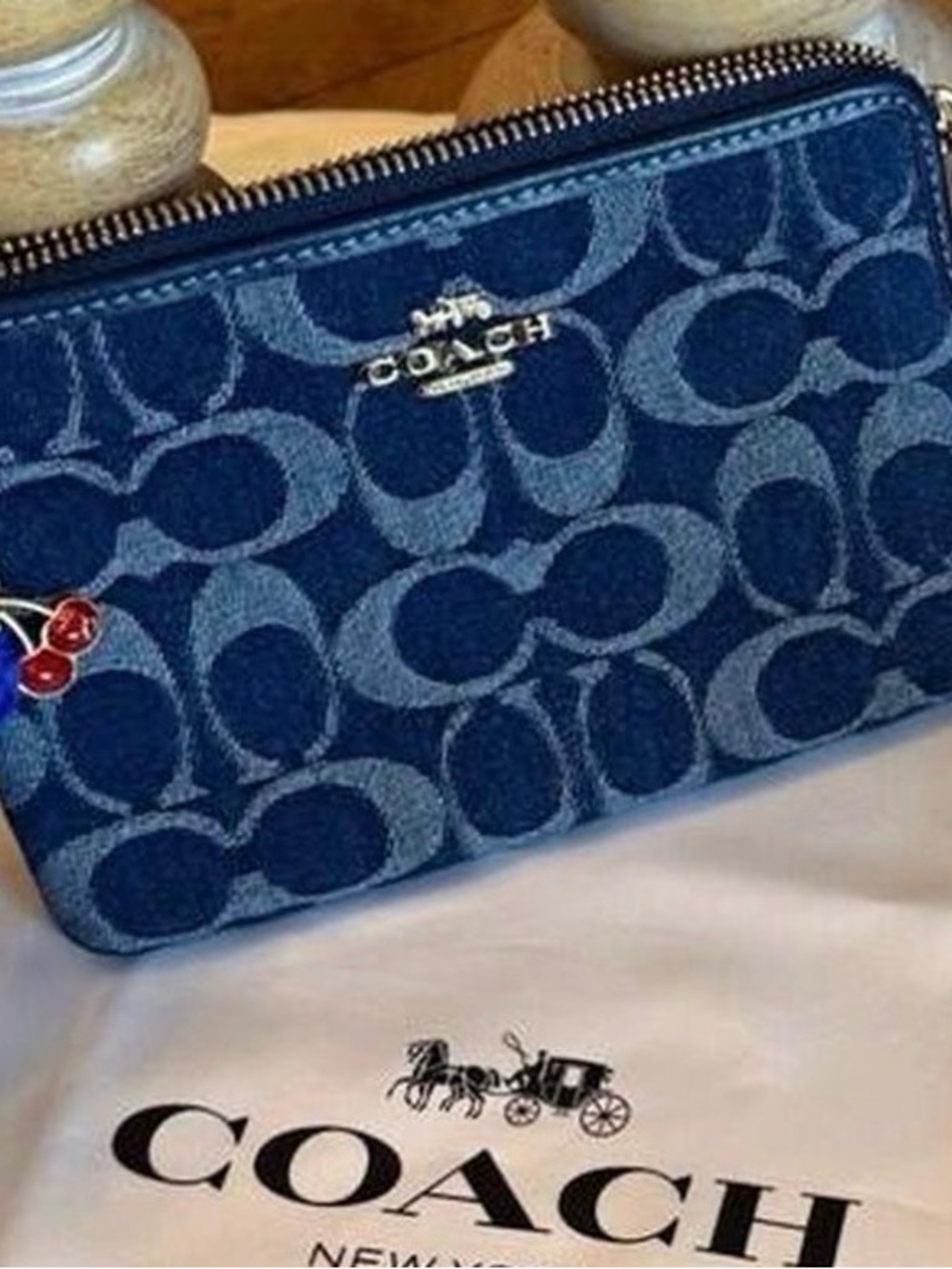 Coach Denim Signature Zip Card Holder Wallet in Blue